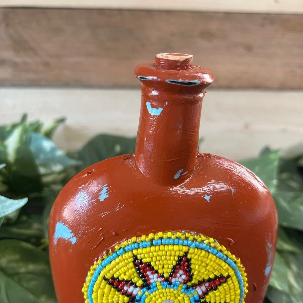 Upcycled‎ Native American Glass Beaded Jar Corked Distressed Shelf Sitter Decor